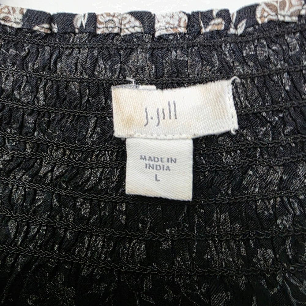 J. Jill Black Floral Smocked Embroidered Neck 3/4 Sleeve Viscose Blouse Large - Picture 4 of 9
